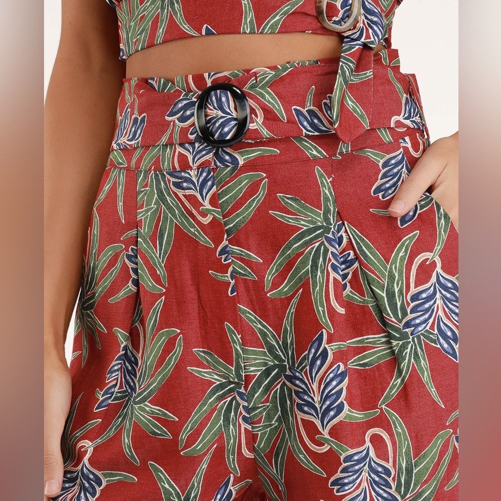Lulus Moon River Linen Blend Paperbag Belted Crop Pants Red Tropical S - Picture 10 of 11